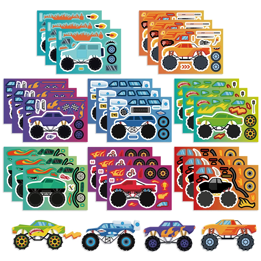 8/16/24Pcs Children DIY Puzzle Sticker Cool Off-road Vehicle Make A Face Funny Assemble Jigsaw Stickers Educational Toys