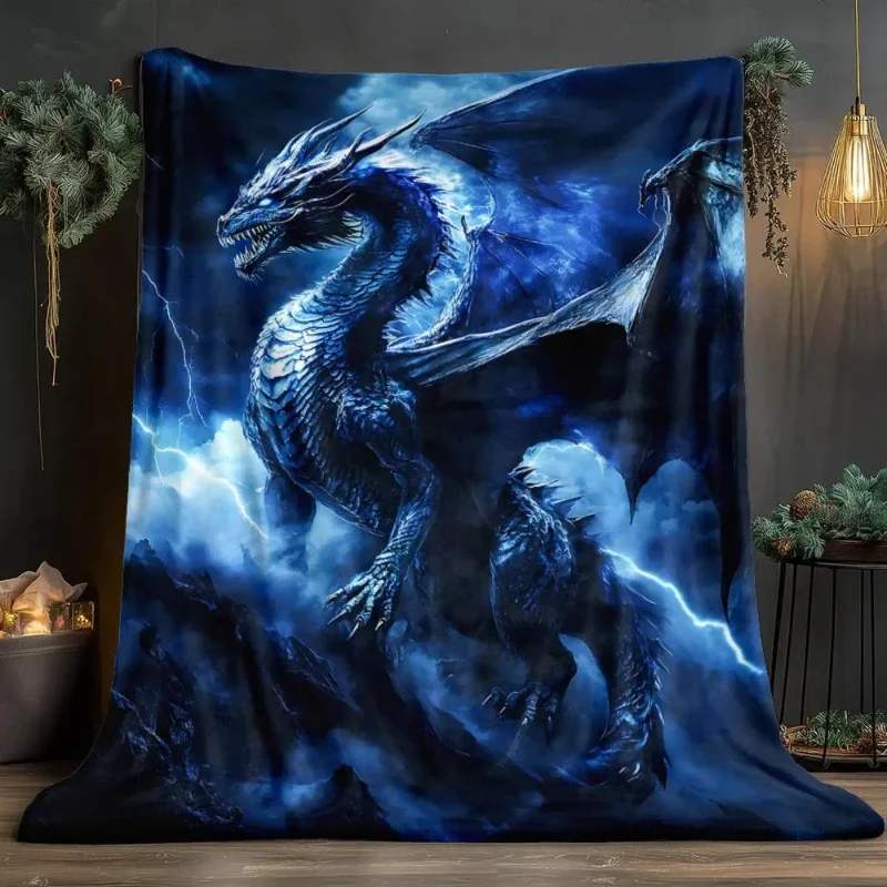 Epic Blue Dragon Lightning Attack Throw Blanket Cozy Plush Bedspread for Fantasy Lovers Gift