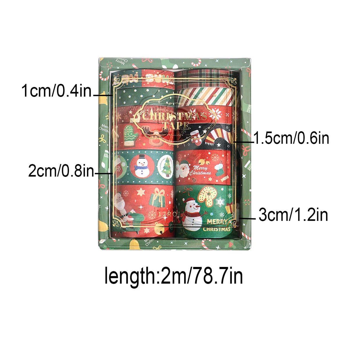 12 Rolls/Box Of Colorful Christmas-themed Patterned Washi Tape,Perfect For Diy Journals,Greeting Cards,And Scrapbook Decorations