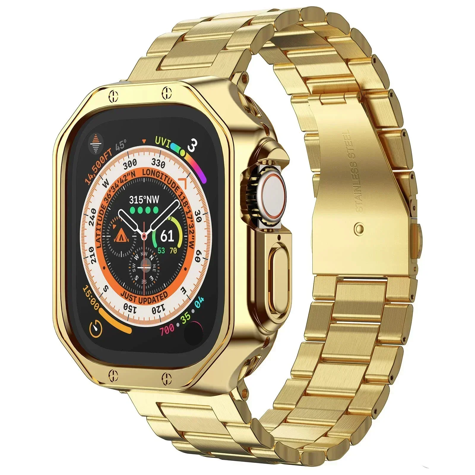 Golden Bracelet for Apple Watch 9 8 7 Band 41mm 45mm 49mm Metal Strap+soft TPU Armor Protector Case for iWatch SE 6 40mm 44mm