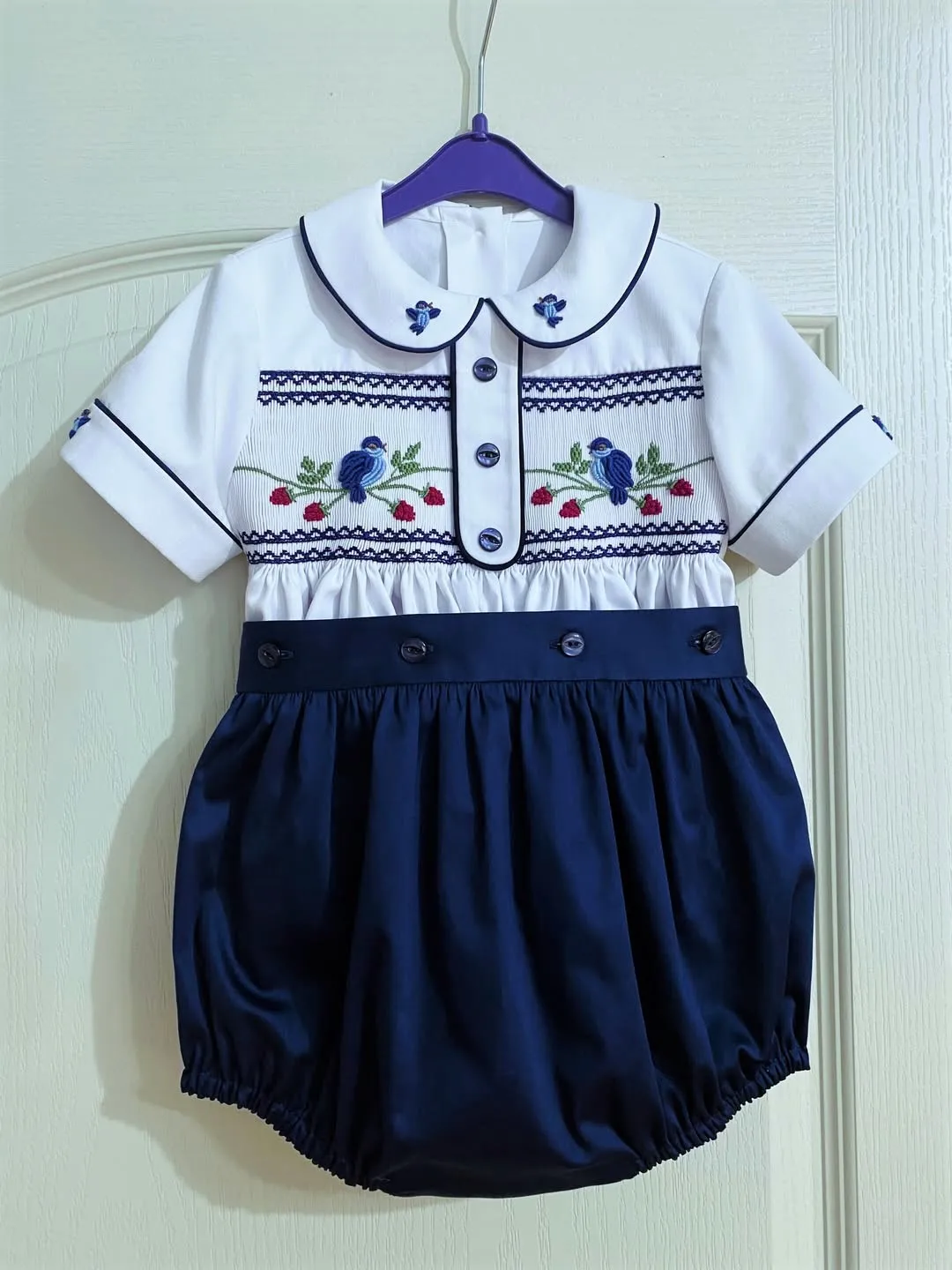 0-6Y Baby Boy Vintage Smocked Handmade Embroidery Bird Red Navy Blue Suit Outfit For Birthday Party Photography