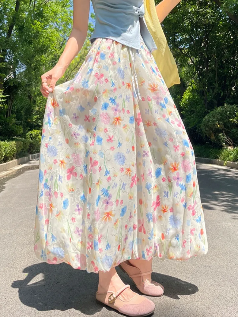 

High Waist Wide Leg Pants Women's Summer Thin Lantern Pants Drapey Slimming Nine Point Skirt Pants Print Casual Tro...