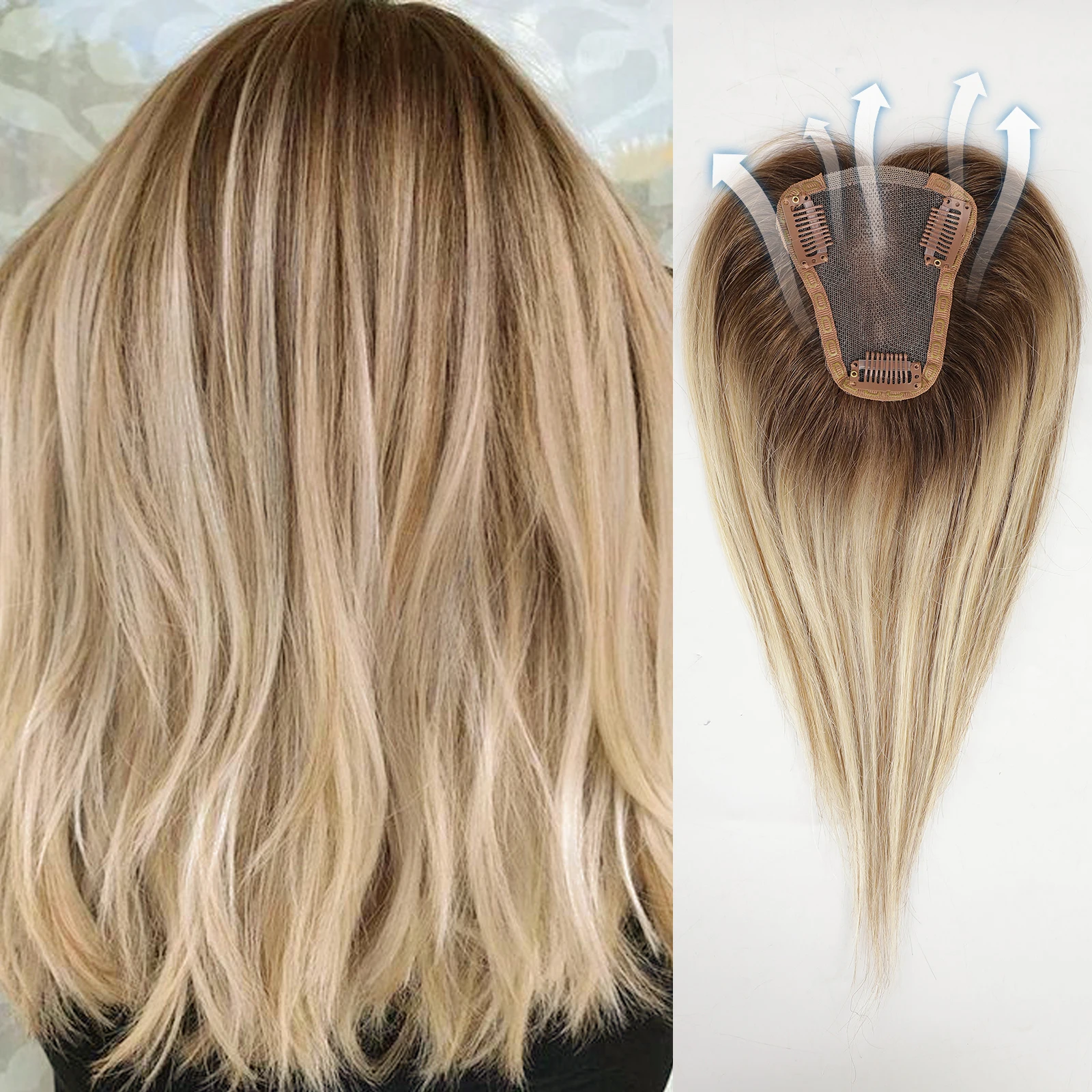 Blonde Golden 100% Remy Human Hair Topper Middle Part 12 Inch Silk Base Top Hairpieces Clip In Hair Extensions for Women image 3