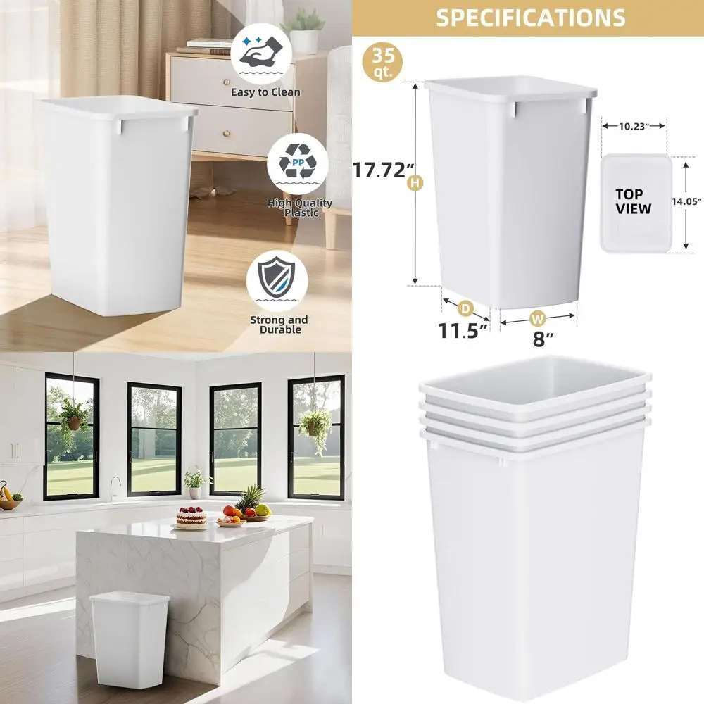 

4-Pack White Slim 9-Gallon Trash Cans for Kitchen, Bedroom, Office, and Bathroom Under Sink Storage