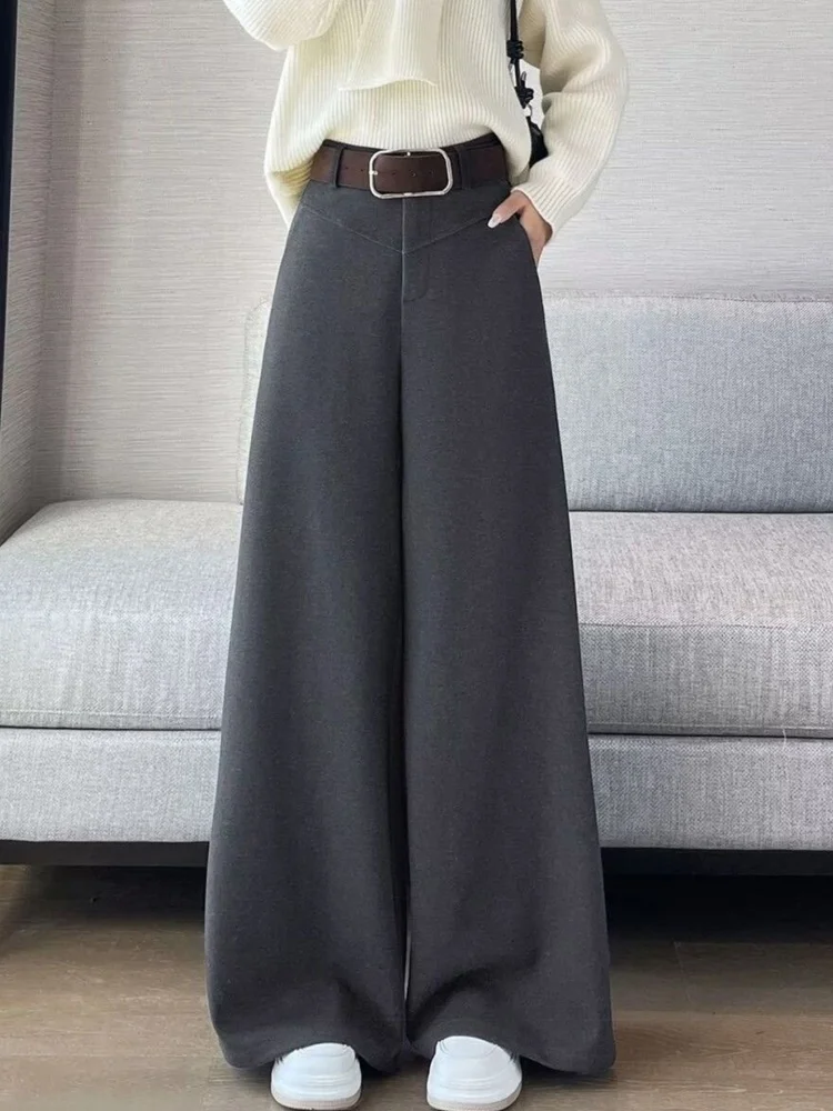 High-End-Wollanzughose Damen Retro-Hose mit Gürtel Herbst Winter Hose mit weitem Bein Dra Straight Freizeithose