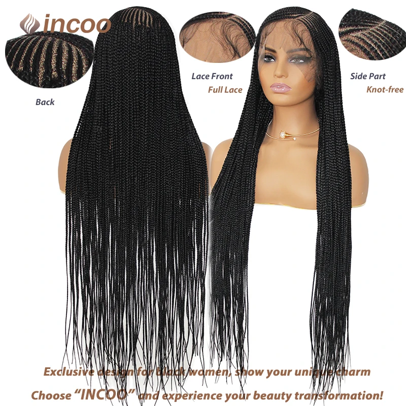 Incoo 36" Synthetic Braids Hair Wig Cornrow Braid Wigs Full Lace Front Wigs Knotless Box Braid Side Part Braided Wig Classic