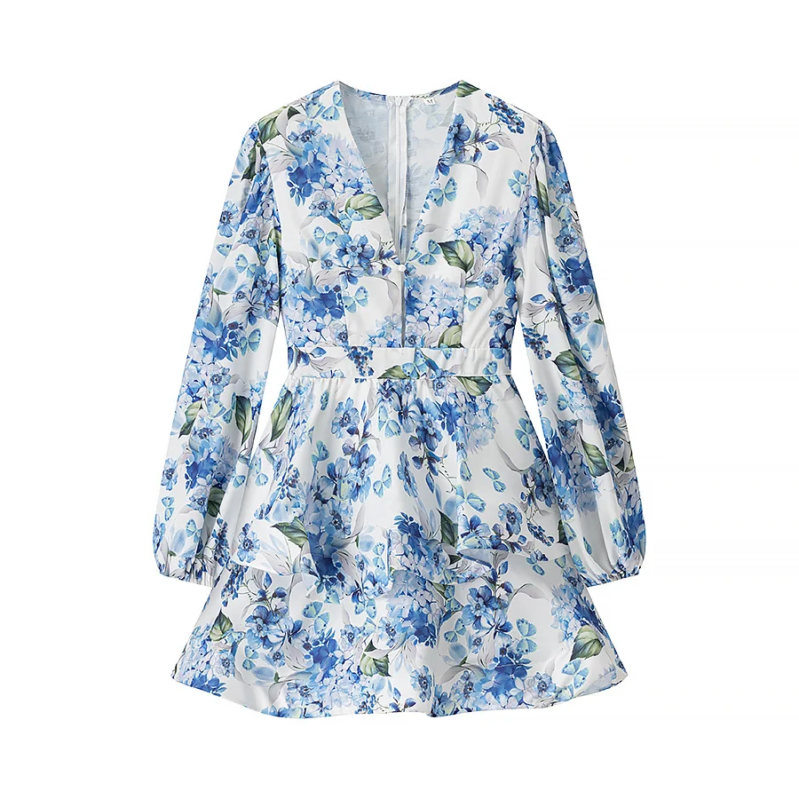 Vestido E de Manga Bufante em Linho com Estampa e Decote em V para Mulheres, Novo para o Outono