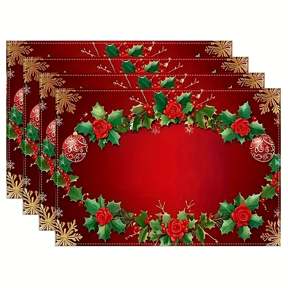 Holiday Xmas Linen Placemat Traditional Christmas Element Table Mat Heat‑Resistant Dining Pad for Household Dinner Table