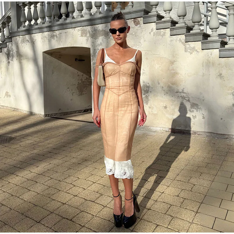 2026 Summer Sheer Mesh Overlay Spaghetti Strap Midi Dress Waist Cinched Sleeveless Women Accessories Versatile Chic Lady Outfit