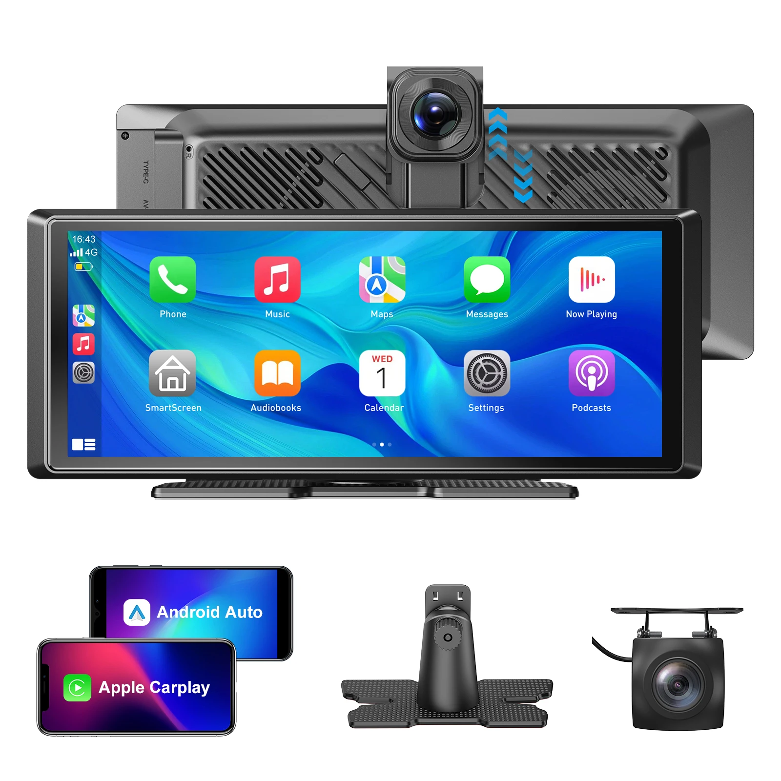 ESSGOO 8,1 Zoll 4K+1080P Universelles tragbares CarPlay BT Autoradio Android Auto Dual-Objektiv Dashcam Rückfahrkamera AUX Touchscreen