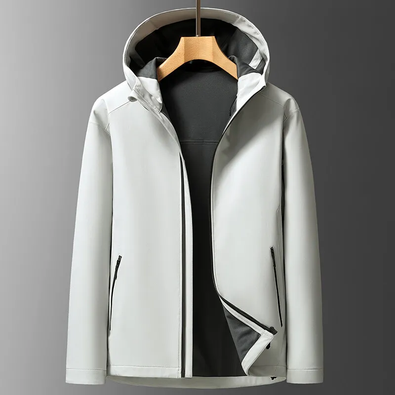 

Men Jacket Spring Autumn New Thin Solid Color Business Casual Male Outerwear Long Sleeve Hooded Outdoor Windproof Man Coat