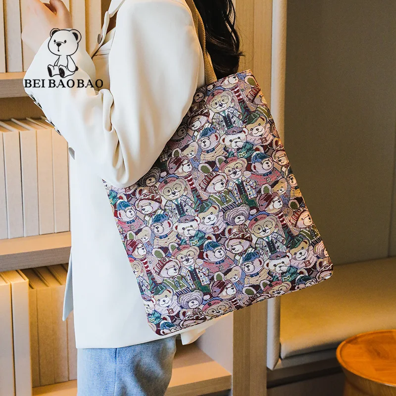 Canvas Bag Women\'s 2023 New One Shoulder Tote Bag Handheld Bag Student Large Capacity Shoulder Bag Little Bear Bag