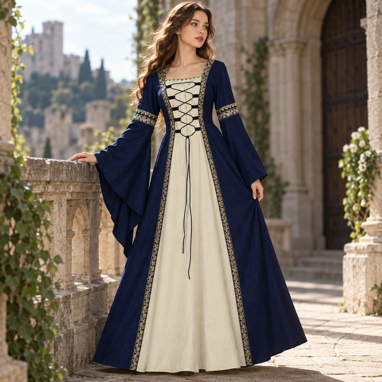 Bell Sleeve Long Sleeve a Line Sexy Dress with Patchwork Maxi Length Retro Square Neck Literary Retro Long Dress for Women