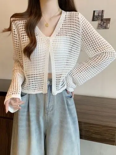 

Summer New Hollow out Short Knitted Cardigan Women's Loose Long Sleeve Air Conditioning Shirt Overlap Sun Protection Top