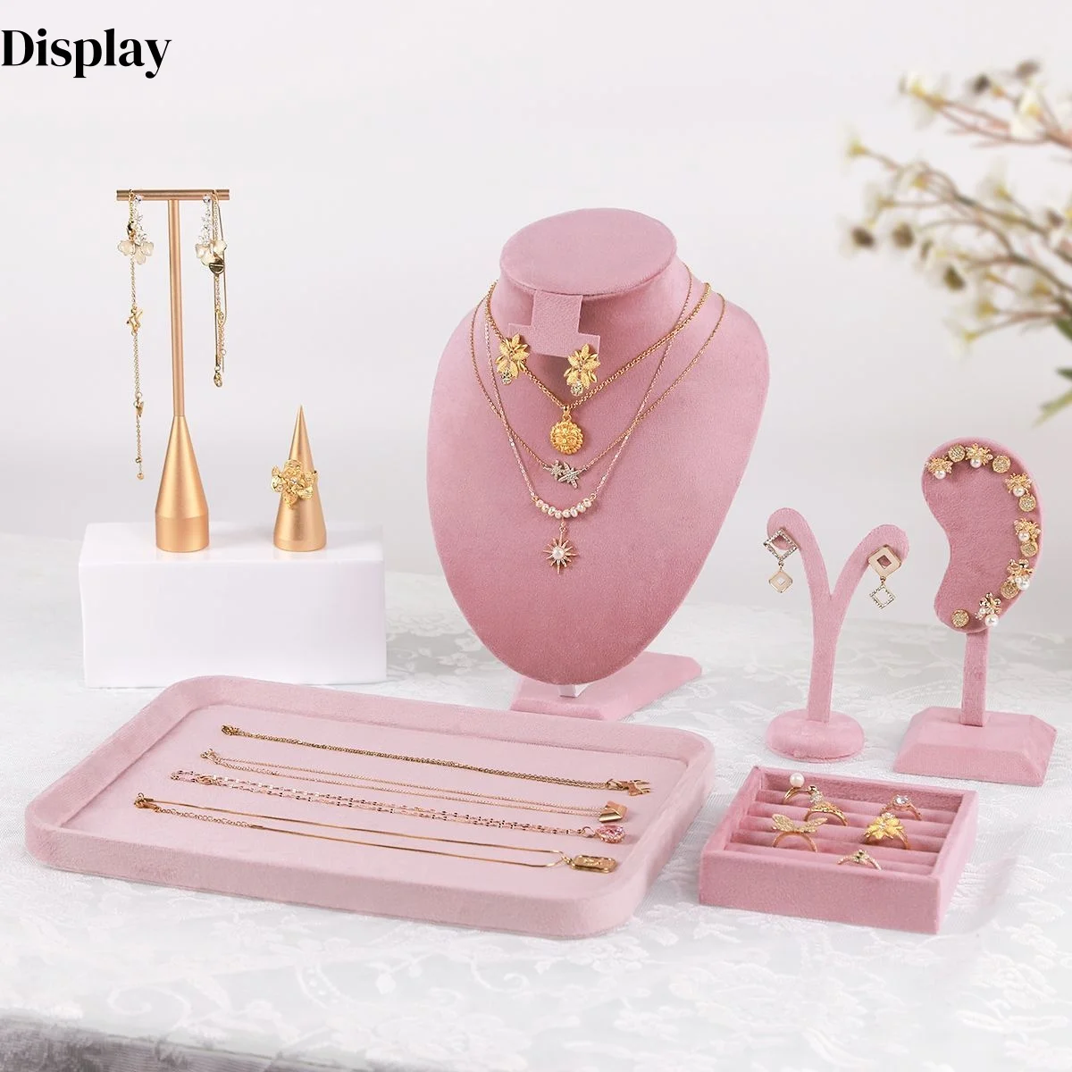 

New Pink Velvet Jewelry Organizer Ring Pendant Earring Holder Necklace Bracelet Bracelet Tray Jewelry Store Window Display Stand