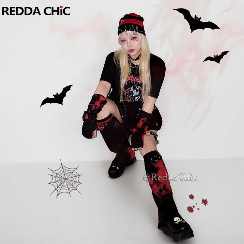 

REDDACHiC, черный, красный, с рукавами тай-дай, гетры, женский комплект, готические перчатки без пальцев, ботинки с поясом, чехол Rokku Gyaru, одежда
