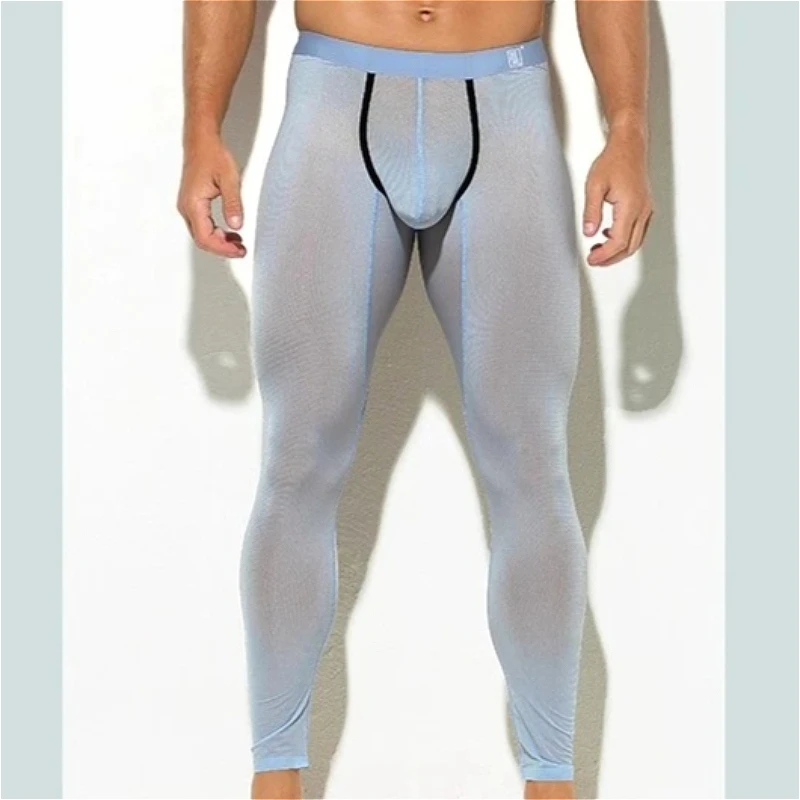 

Thermal Underwear Bottoms Silky Mens Sexy Bugle Pouch Leggings Pants Sports Stockings Thin Ice Silk Translucent Autumn Seamless