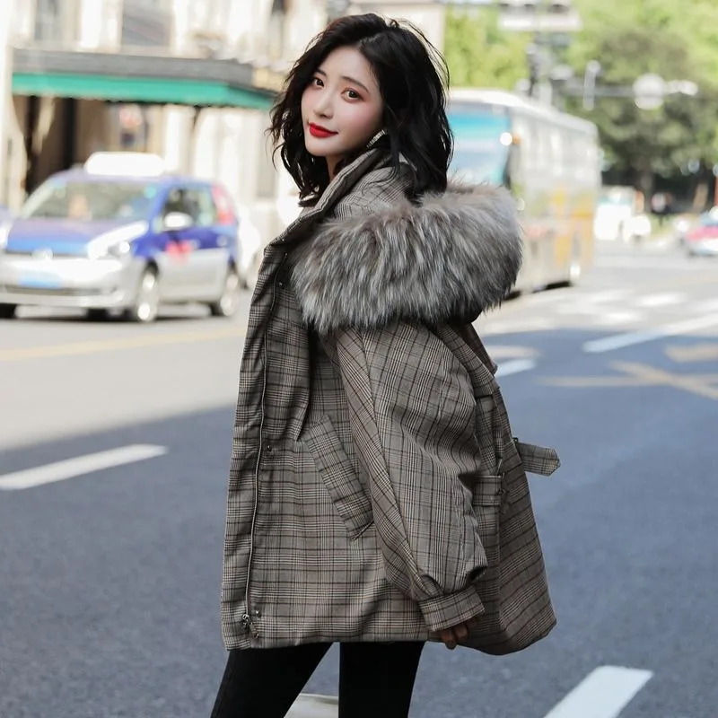 

Женское плотное короткое хлопковое пальто, Новое поступление 2025, осень-зима, свободная верхняя одежда для миниатюрных женщин, модная клетчатая одежда