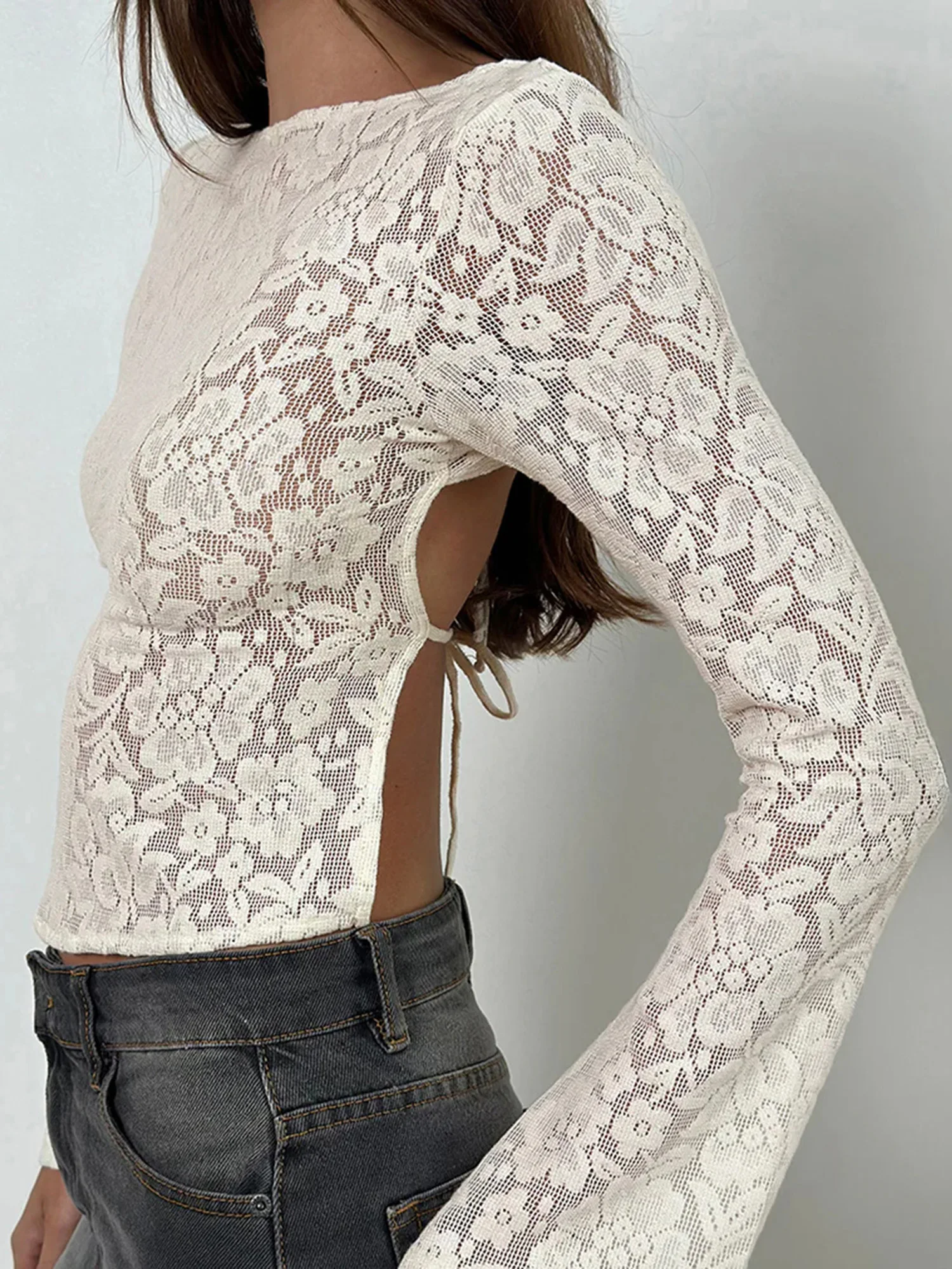 

Women s Lace-Up Backless Long Sleeve Sheer T-Shirt with Crew Neckline - Sexy Clubwear Fit See-Through Top