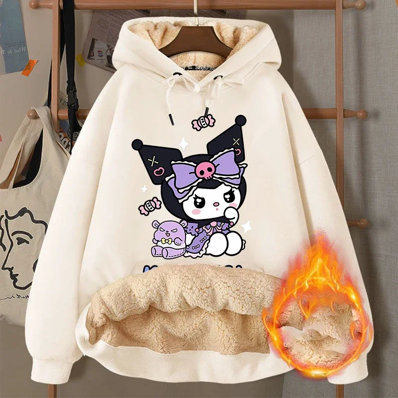 Kuromi Hello Kitty Women Hoodie Winter Thicken Warm Pullover Sweatshirt Street Sweater for Men Outdoor Sports Hooded Clothes