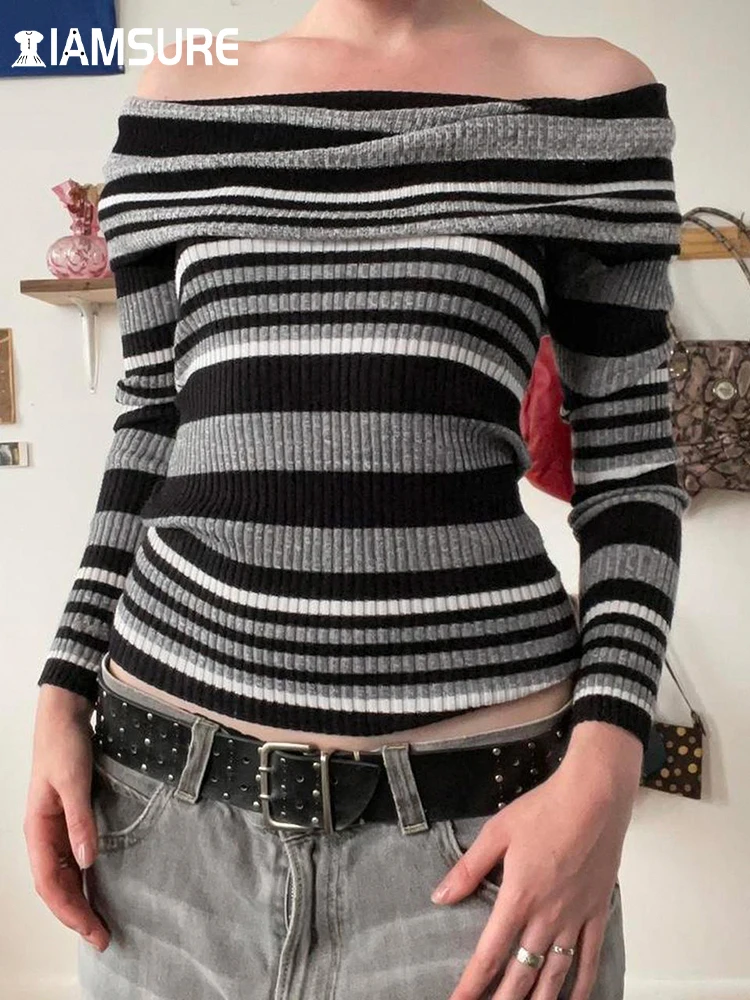 

IAMSURE Casual Slim Striped Knitted Sweaters Vintage Turn-Down Collar Slash Neck Long Sleeve Pullovers Women 2023 Autumn Winter