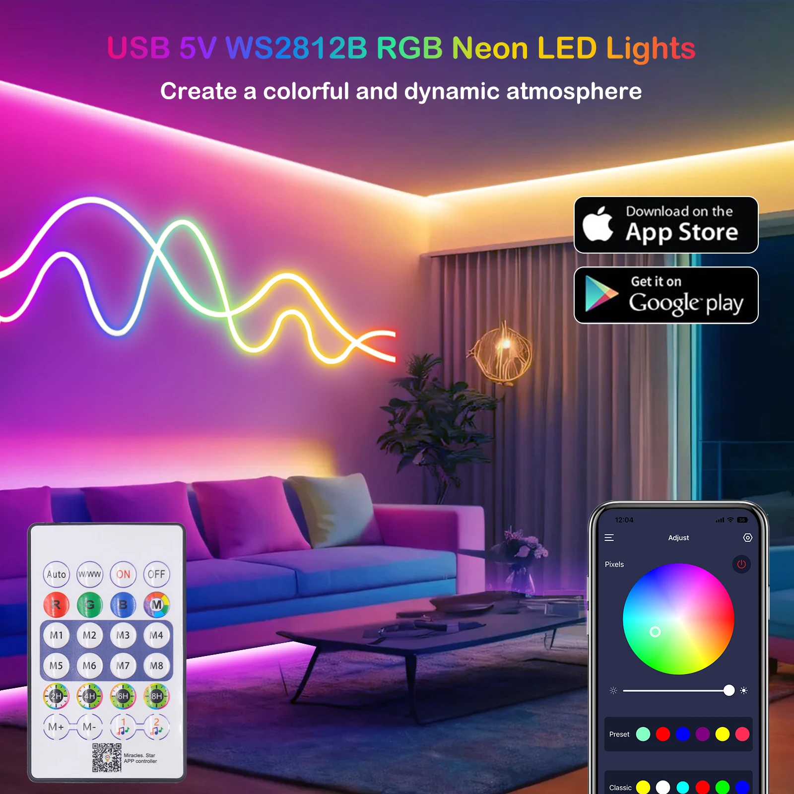 Neon RGBIC Tape 5V USB LED Strip 1/2/3/4/5M Bluetooth App 24Keys Remote Control Waterproof RGBIC Strip Neon Party Decoration