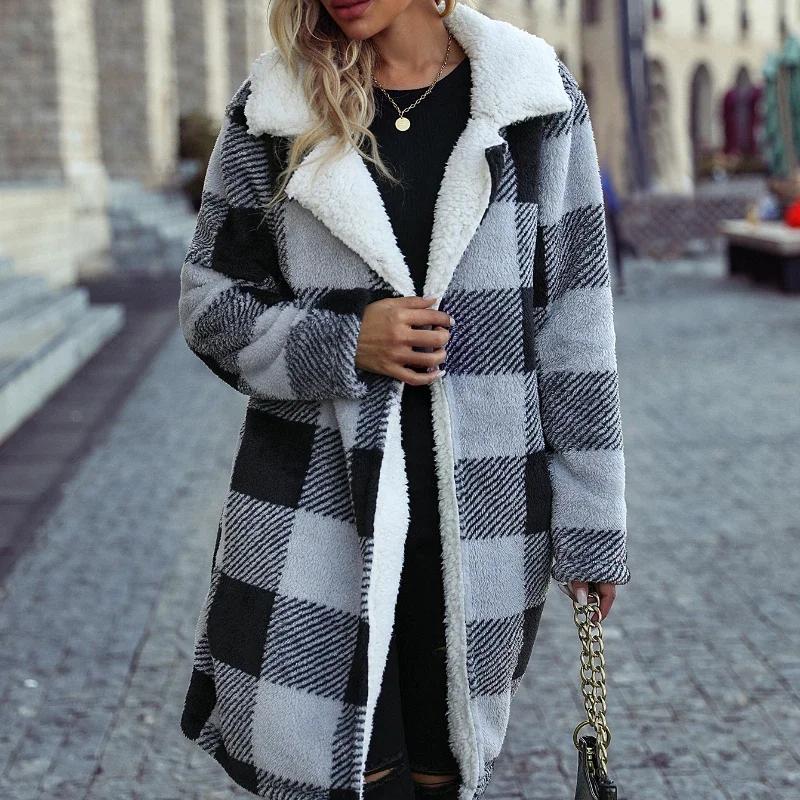 Casual Winter Coat Women\'s Plaid Print Fleece Long Sleeve Lapel Collar Long Line Jacket Fashion Winter Outwear For Women