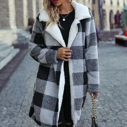 Casual Winter Coat Women's Plaid Print Fleece Long Sleeve Lapel Collar Long Line Jacket Fashion Winter Outwear For Women