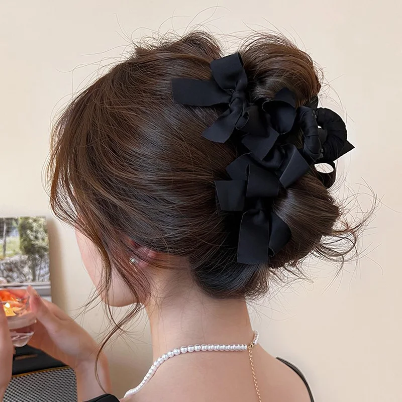 1pc Korean elegant and cute bow clip, new high-end style, large hair volume, shark clip, back of the head disc hair clip