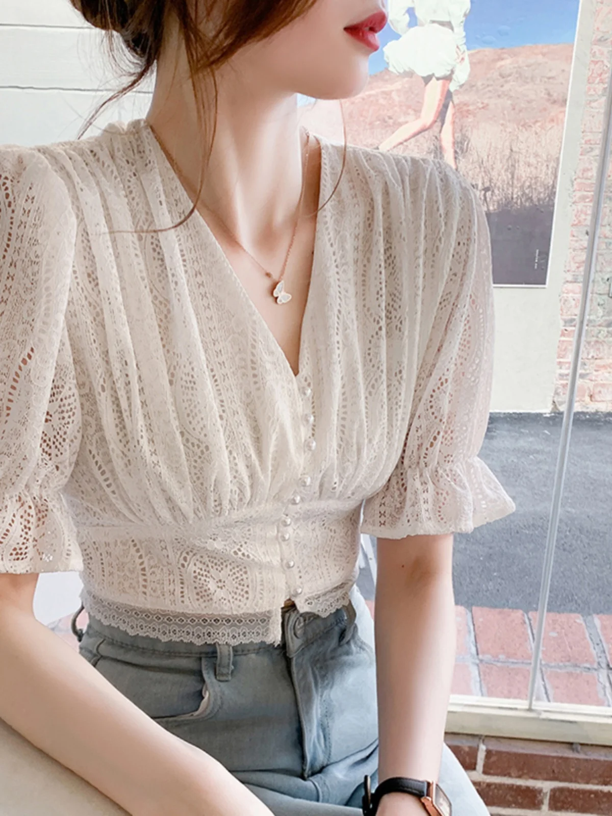 Retro Court Sle Bell Sve Lace irt Women's Ele V Ne Waist Cinched ort Length ort Sve Top Korean Sle Commute