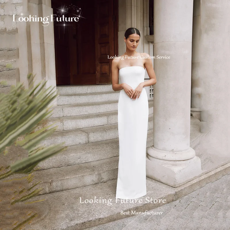 Customized Simple Mermaid Ivory Strapless Wedding Dresses Sexy Backless Sleeveless Pleat Polka Dot High Side Slit Bridal Gown