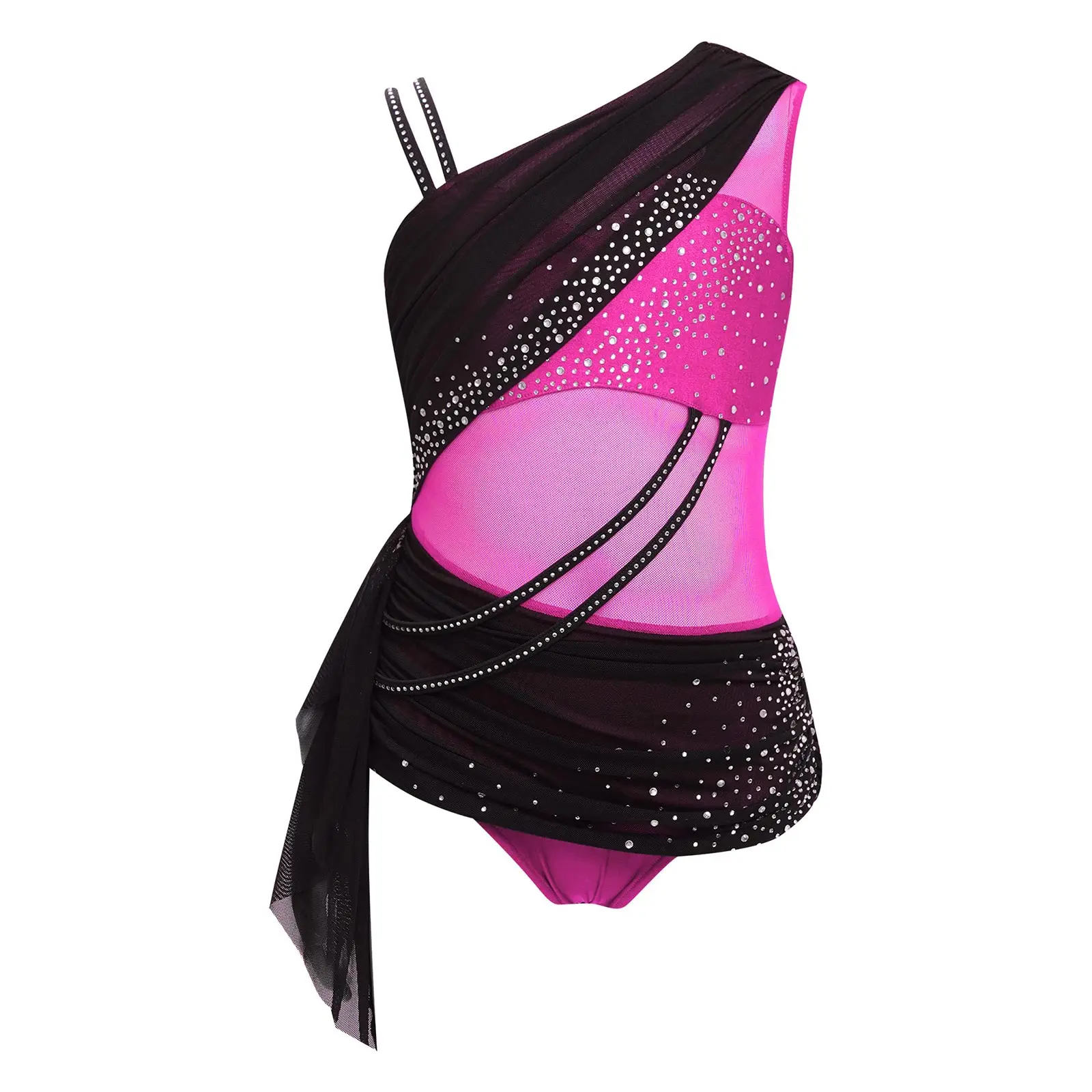 الفتيات سباركلي الراين رداء رقص الباليه فستان رقص غنائي بقماش شفاف غير متناظرة الرقص ارتداءها الجمباز التزلج ازياء