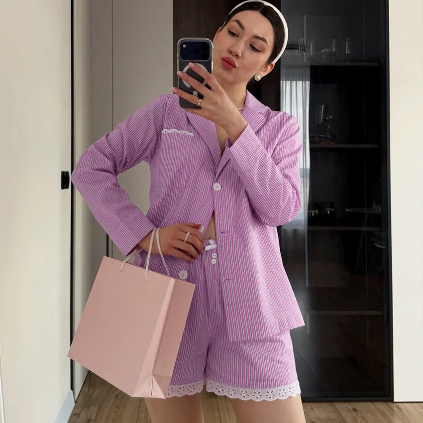 2026 Women Pink Stripe Woven Pajama Set Summer Long Sleeve Top Shorts Lace Splicing Home Loungewear L Size
