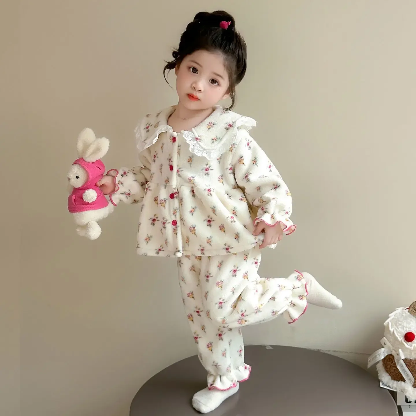 Girl's Winter Flannel Pajamas Set Soft Coral Fleece Princess Style Kids Sleepwear Warm Cozy Home Wear for Children