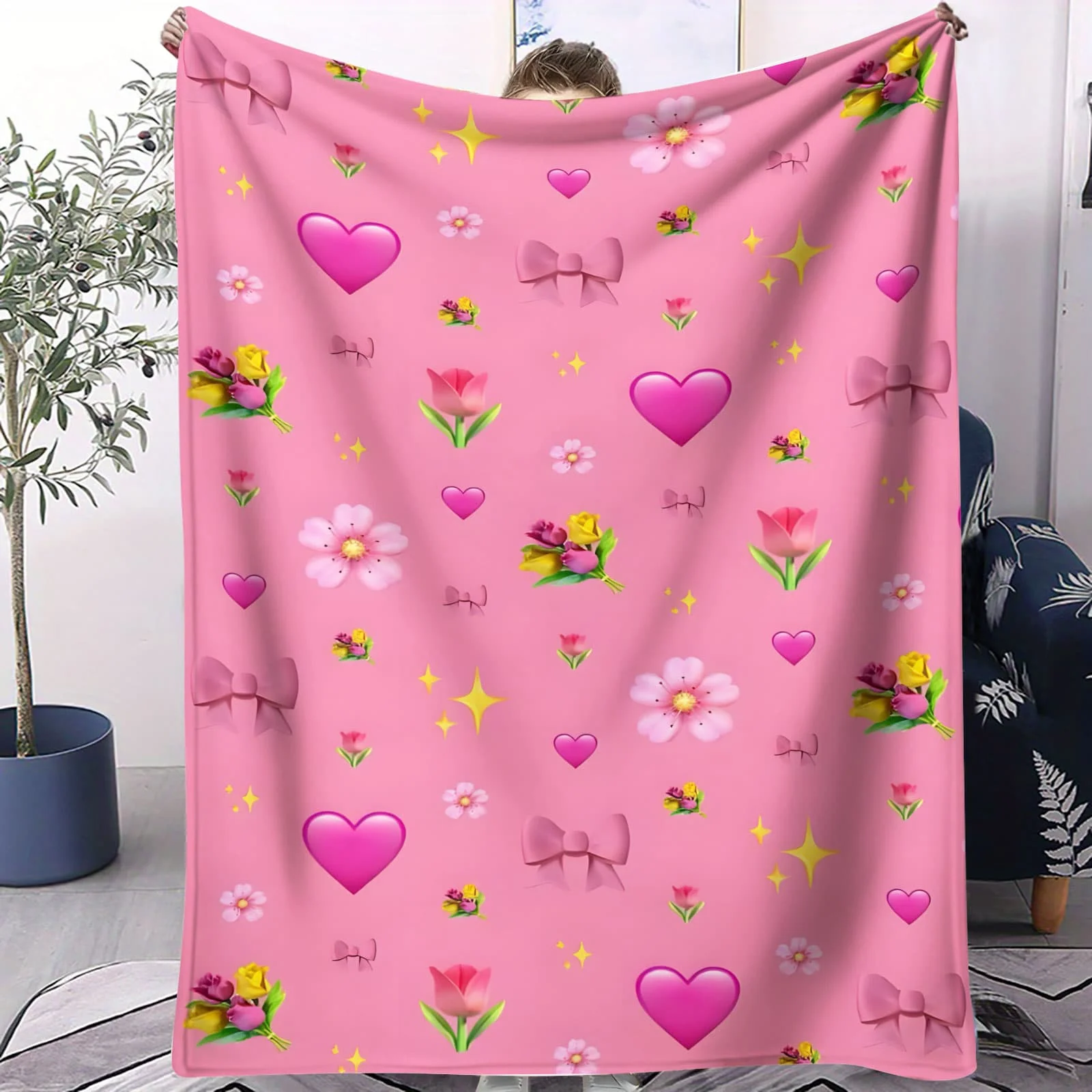 Coperta in pile floreale con fiocco a cuore rosa - Morbido motivo dolce per divano da camera da letto, angolo per ragazze, ideale per i fan dei bambini Kawaii