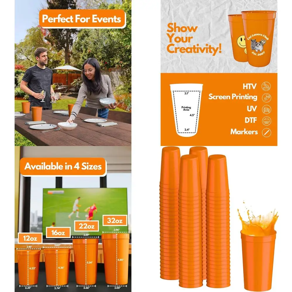 

Set of 100 Reusable 22oz Orange Cups - Stackable, Food-Grade Plastic Drinkware for Parties & Weddings