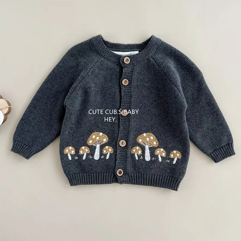 0-3Y Cute Mushroom Embroidery Girls Knitted Cardigans New 2024 Autumn Baby Sweaters Coat Single Breast O-Neck Infant Sweater Top