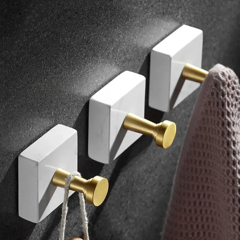 White Marble Bathroom Single Hook Brushed gold Wall Hanging Coat Hook Robe Hook Wardrobe Decoration Hanger Door Square Coat Hook