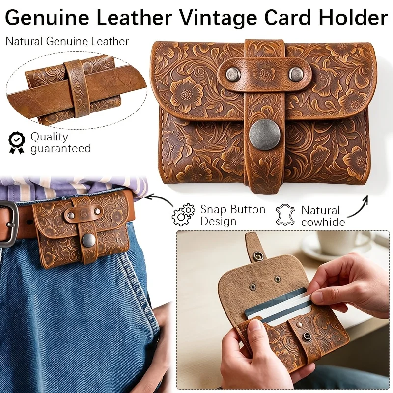 Vintage Tooled Genuine Leather Card Holder Belt Pouch Retro Floral Embossed Cowhide Mini Wallet Snap Button Belt Bag