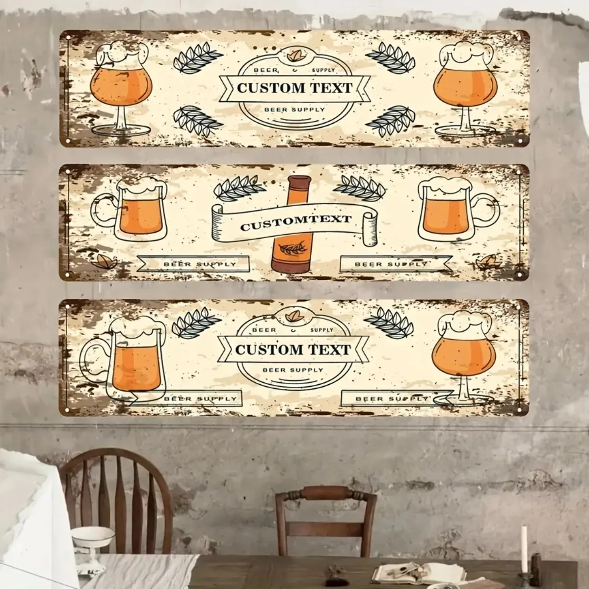 [2D Flat] Weatherproof Retro Aluminum Sign With Beer Bottle & Cup Pattern, Personalized Custom Text Vintage Wall Plaque For Bar