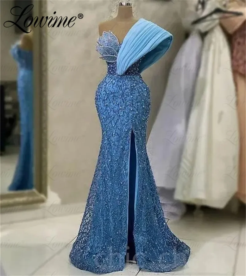 Vestido frisado de cristal, pescoço puro, vestidos de baile, ocasião formal, vestidos de noivado, azul, Aso Ebi