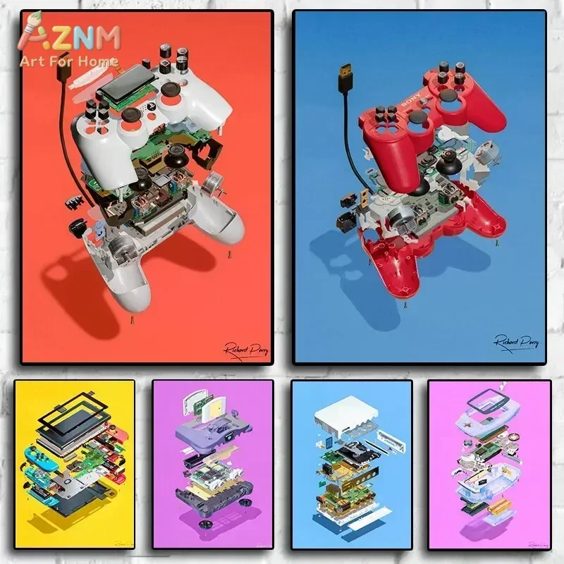 AZNM Unframed Canvas Print Disassembled Game Controller Wall Art Retro Gaming Console Home Decor Poster