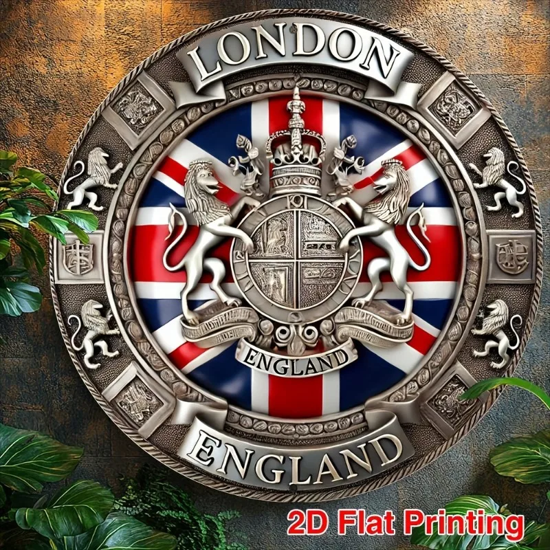 Flache Aluminium-Wandkunst im Vintage-Stil von London England – rundes Metallschild mit Union Jack-Design, perfekt für Zuhause, Bar oder Küchendekoration