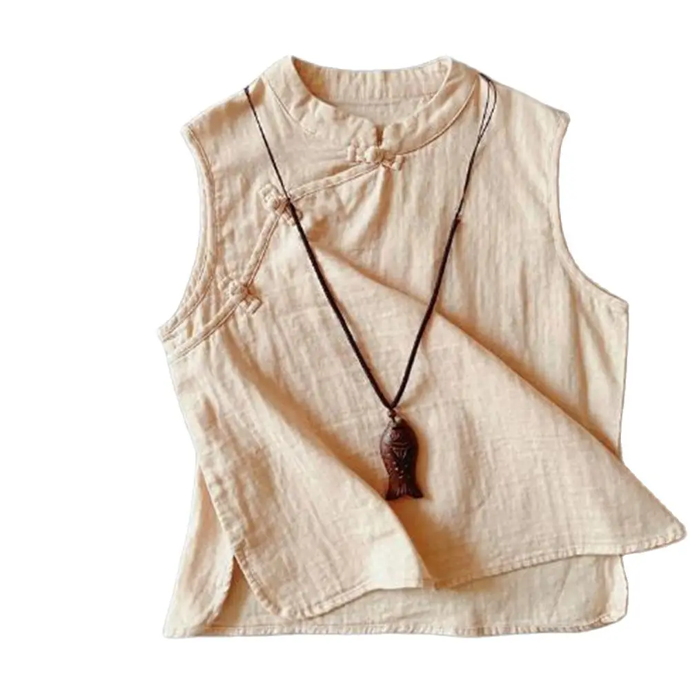 Women's Vintage Blouse Linen Tank and Tops Solid Color O-Neck Sleeveless Loose Original Casual Female Summer New 2024