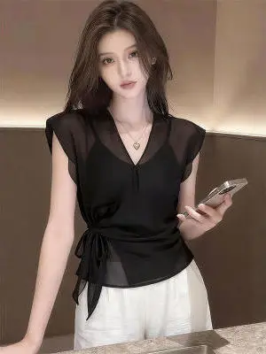 

Black V-neck Micro-translucent Short Chiffon Shirt Women's Belted Waist Single Wear Summer New Style French Style Lace Shirt