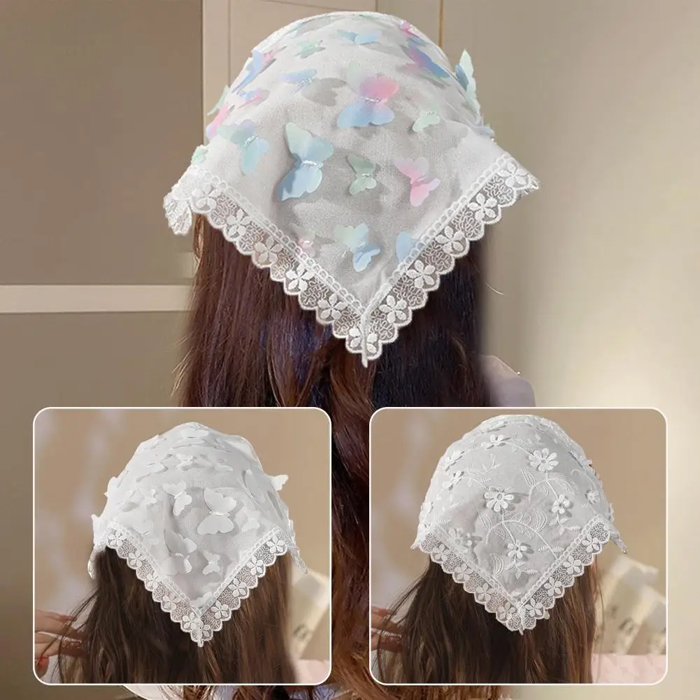 

Embroidered Flower Lace Triangle Scarf Small Shawl Hijab Bandana Crochet Head Scarf Neckerchief Neck Solid Headwraps Color S5B2