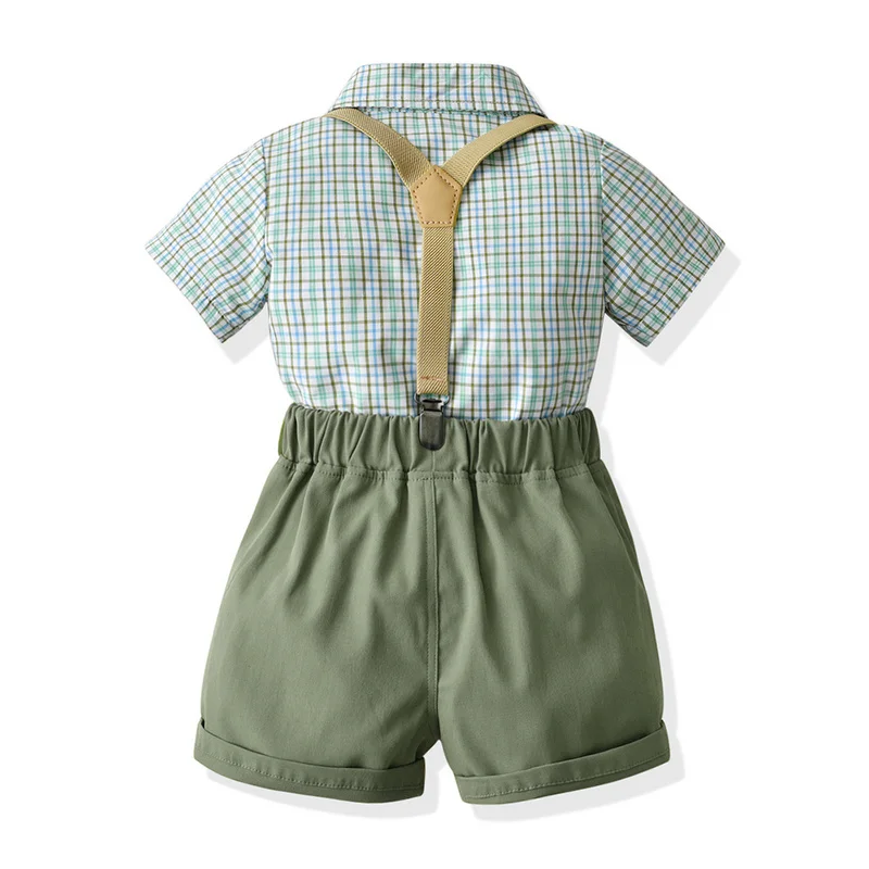 top and top Children Boys Gentleman Clothing Sets Short Sleeve Plaid Bowtie Shirts+Suspenders Shorts Toddler Boy Casual Suits