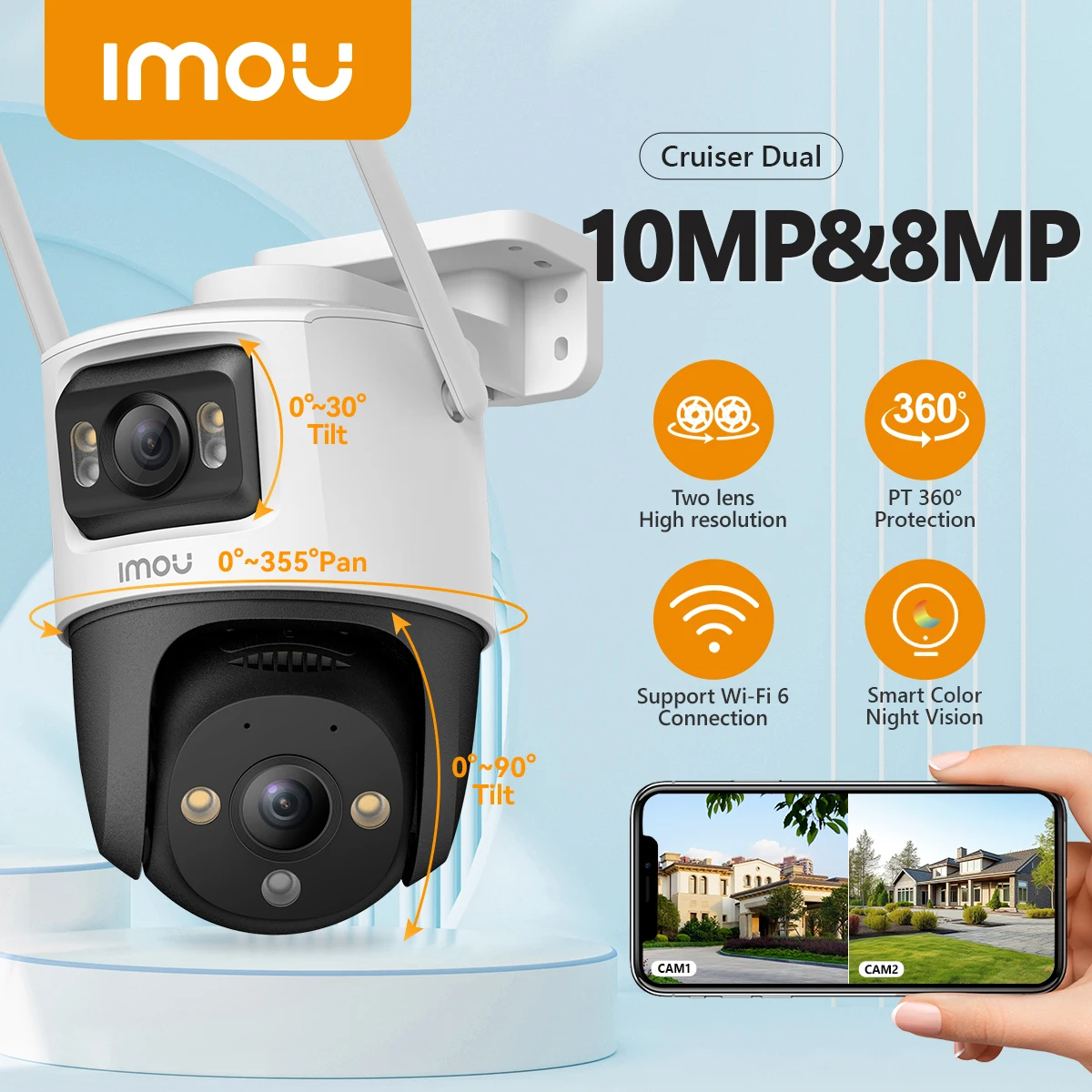 IMOU Cruiser Dual 10MP&8MP Dual Lens Outdoor PTZ WiFi Camera 8x Digital Zoom AI Vehicle Human Detection Full Color Surveillance