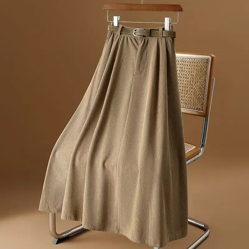 

Vintage Corduroy Skirt Women Autumn Winter Casual Solid Color High Waist A-line Work Midi Long Skirt