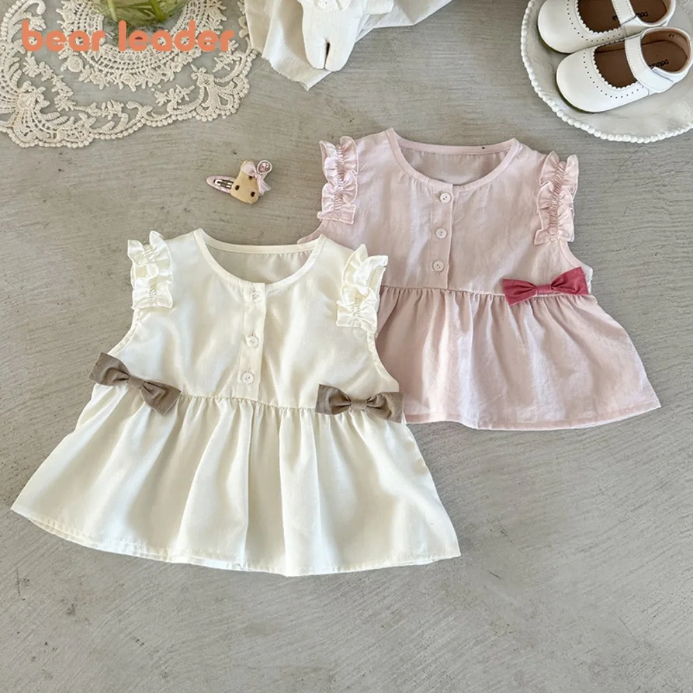 

Детская блузка Bear Leader 2026: Новинка лета, милая и очаровательная, в корейском стиле, модная, без рукавов, с бантом, для девочек